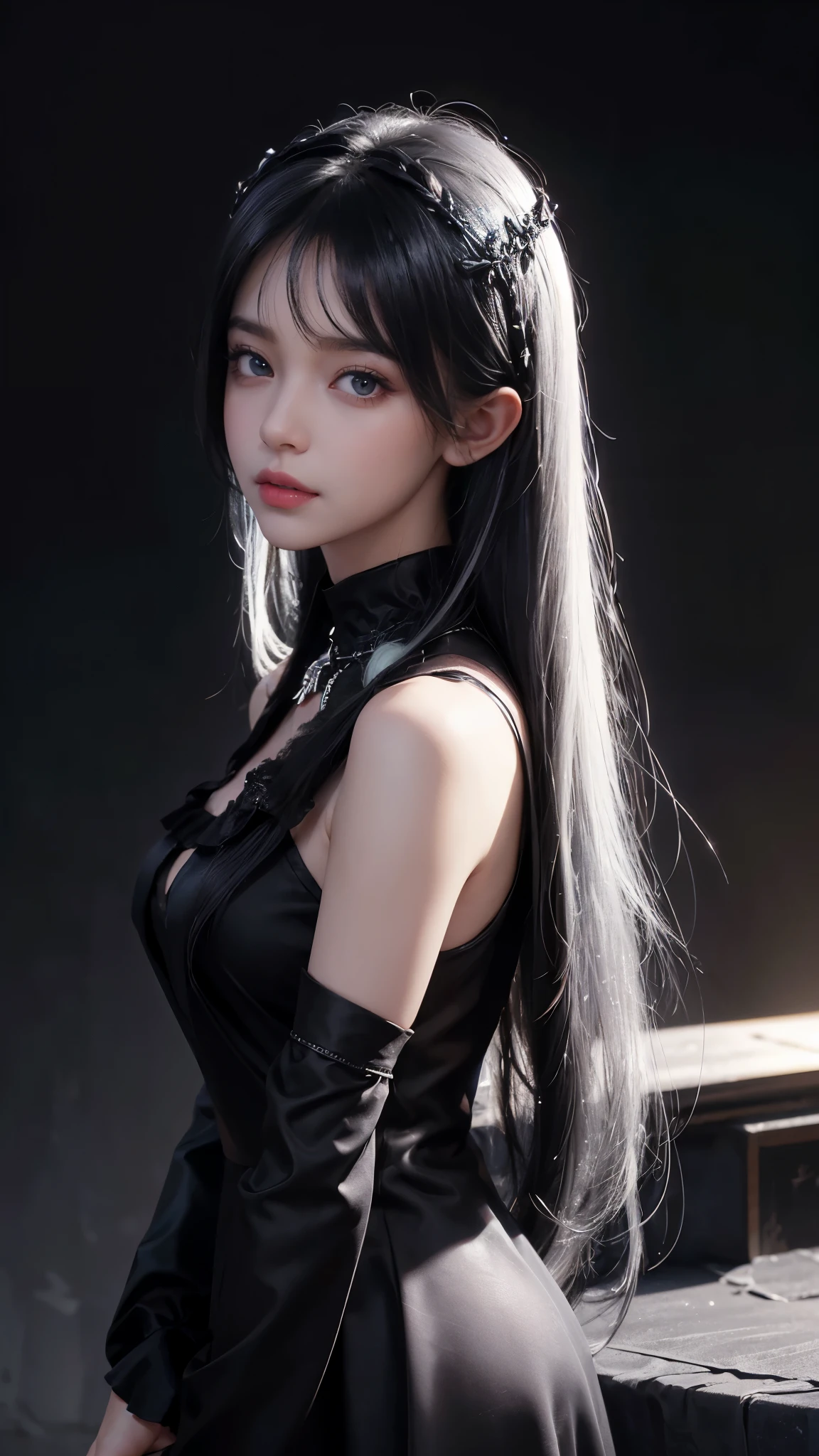 (Ultra Realistic), (Illustration), (Increased Resolution), (8K), (Extremely Detailed), (Best Illustration), (Beautiful and Detailed Eyes), (Best Quality), (Ultra Detailed), (Masterpiece ), ( wallpaper), (detailed face), solo, 1 girl, looking at viewer, fine details, detailed face, in the dark, deep shadows, low key, pureerosfaceace_v1, smiling, long hair, black shawl straight hair , 46 points oblique bangs, masterpiece, best quality, 35mm, 8k, absurdres, beautiful girl, (upper body, dark grey background:1.4), (black classical dress, black hair:1.6), slender, dark studio, rim lighting, ultra realistic, highres, photography, film grain, chromatic aberration, depth of field, sharp focus, HDR, facelight, dynamic lighting, cinematic lighting, professional shadow, dark shadow, highest detailed, extreme detailed, ultra detailed, finely detail, real skin, delicate facial features, detailed face and eyes, sharp pupils, realistic pupils, long black hair with bangs, black hair top, white hair undercolor, Split Hair Two Tone , Split Hair Two Tone black and white color hair,black hair, white hair, mix hair color,green eyes, white hair  emerald eyes. white hair, platinum hair color.