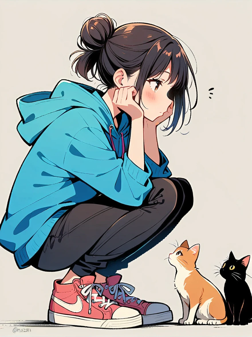 1girl, blush, black hair, long sleeves, brown eyes, shoes, pants, hood, hair bun, from side, hoodie, profile, animal, black pants, squatting, single hair bun, cat, hood down, sneakers, pink footwear, hands on own face, hands on own cheeks, blue hoodie，1xhsn1