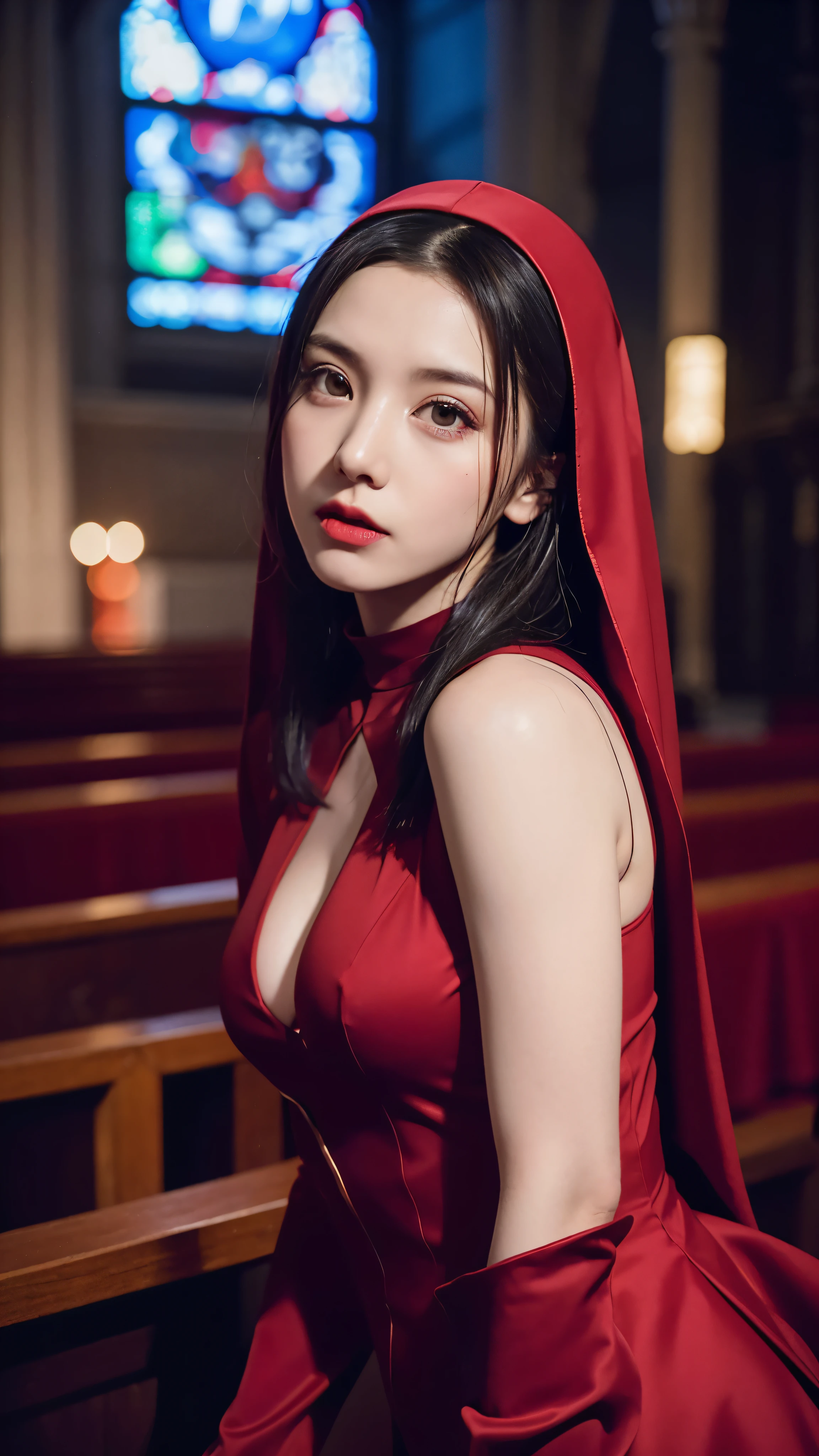 with high definition images,(Gothic Nun)、1990s、Surreal Makeup、Beautiful woman in a red dress inside a gothic church at night、Neon Light、very dark、Horror、Red tint、High detail、Ultra-realistic、SonyA7III、Cinematic lighting、film、Grain、UHD Face、Volumetric Shadows、Extremely detailed、

