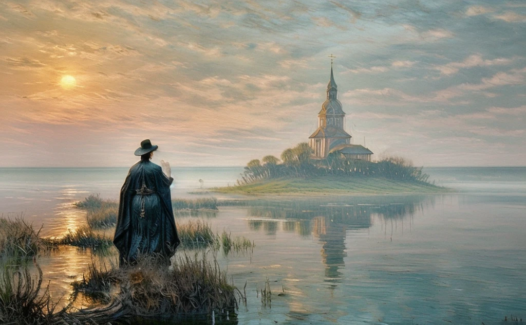 In this mystical scene a shining Orthodox church rises from the murky waters of a primordial swamp, the ornate black domes and crosses of the church are shrouded in mist, in the background a modern cityscape stretches beyond the horizon, sky and clouds, sunrise, undead, zombies burn, die in the swamp from the glow of the rays, the eerie silence of the swamp envelops the atmosphere, in the foreground grass and driftwood, by Aivazovsky , Stefan Koidl, Andrew Kuzinskiy, environmental artwork, awarded on artstation