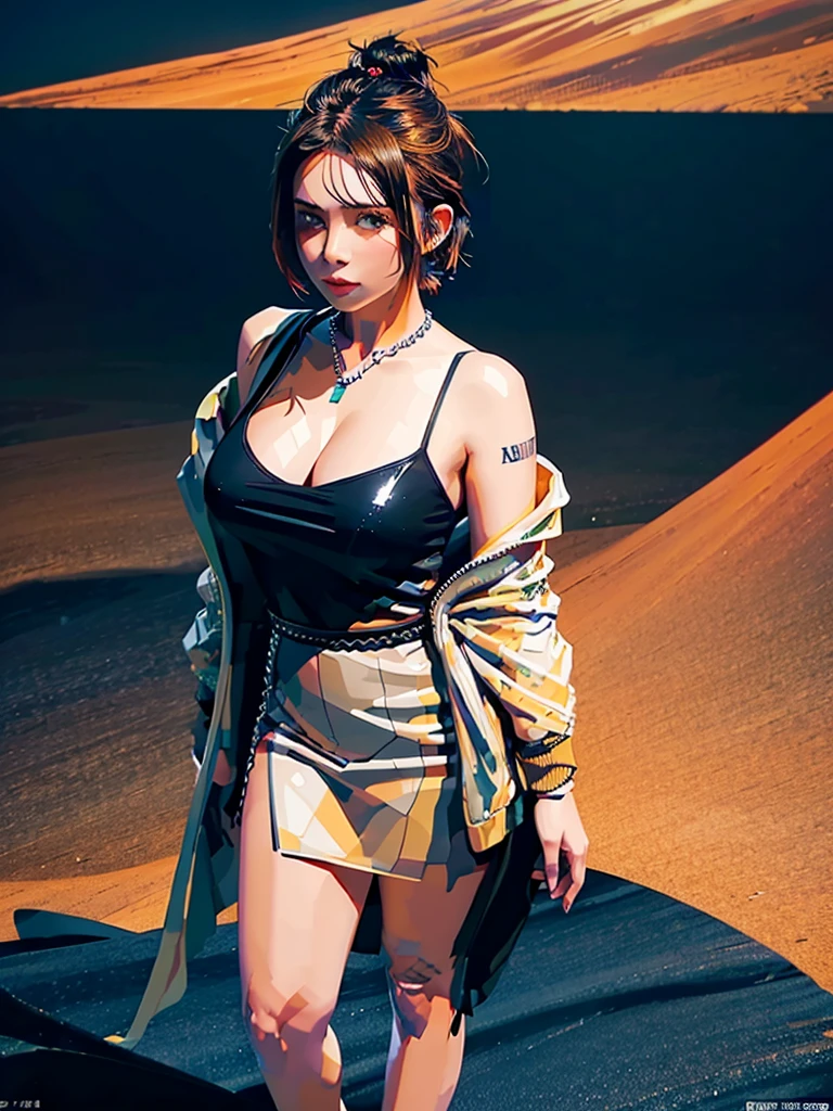 A young plus size tattooed model; short mohawk hair; wearing items from the fall/winter 2024 collection; standing on top of a dune. In front of her, a huge glass window stands upright, half buried in the sand and a large mirror next to it, where the model looks at herself. Desert dunes in the background with the setting sun at the height of the model's right shoulder.