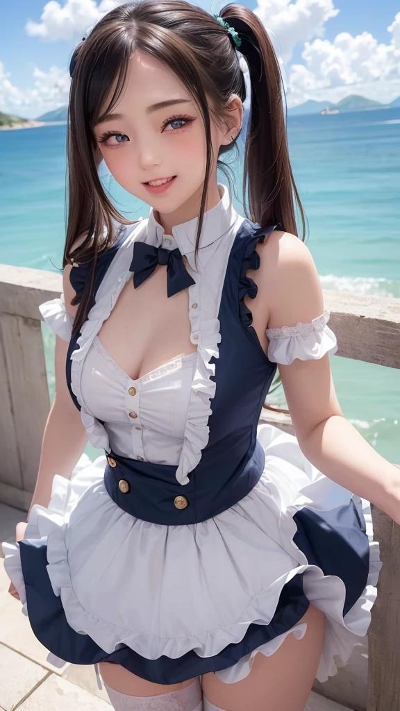 ((masterpiece)), ((highest quality、Ultra high definition)), (Very detailed),8K、Photo quality、((Amazingly cute girl)),( ), Two people, , (Beautiful emerald blue eyes), ((smile)),In the open-air bath overlooking the sea, Beautifully arranged black hair in twin tails、whole body、((Super high-end white see-through summer gothic lolita maid costA super mini skirt with lots of frills))、Professional Lighting、(White lace knee-highore detailed and beautiful)、(More details and cutenesore realistic)、(((Winking with one eye closed)))、