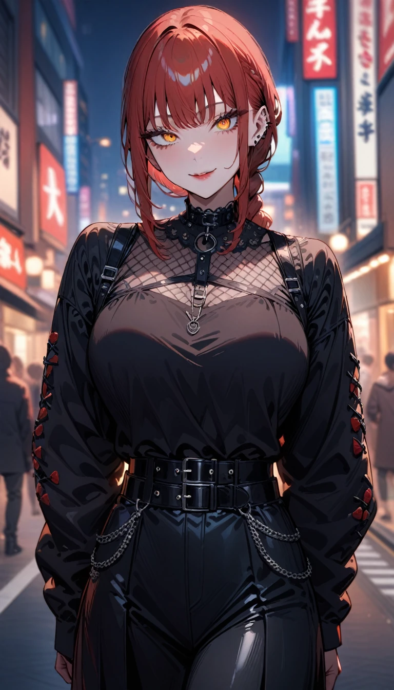 1girl,solo,makima \(chainsaw man\), chainsaw man
,super detailed skin,shiny skin,seductive smile,eyelashes,lips gloss,red hair,sidelocks,a braid,large breasts,Tokyo street fashion,Harajuku ,unique clothes,goth,Tokyo city,night,masterpiece,best quality,ultra detailed,high resolution,sharp focus,depth of field