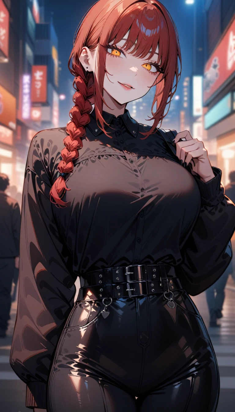 1girl,solo,makima \(chainsaw man\), chainsaw man
,super detailed skin,shiny skin,seductive smile,eyelashes,lips gloss,red hair,sidelocks,a braid,large breasts,Tokyo street fashion,Harajuku ,unique clothes,goth,Tokyo city,night,masterpiece,best quality,ultra detailed,high resolution,sharp focus,depth of field