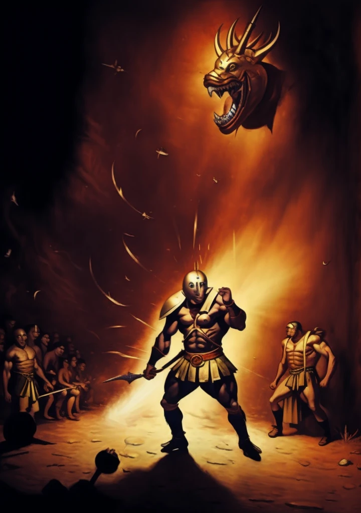 Muscular gladiators wore steel helmets in the shape of a fish's head and duels in the arena