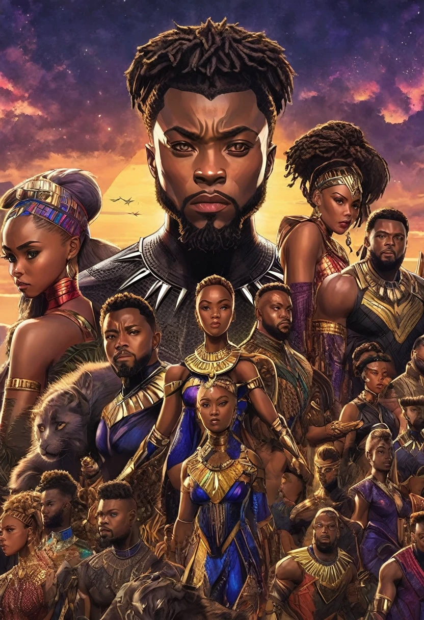 A vivid detailed masterpiece depicting different males and females of and from Wakanda