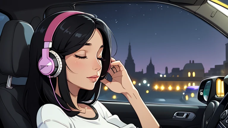 Beautiful woman in her 30s with black hair is sitting with headphones in a car. Looking down, eyes closed, LOFI girl, relaxing mood, cozy, only five fingers, Paris city, colorful, Well-proportioned face, female Beautiful fingers, summer, night, Outside the window is a night view