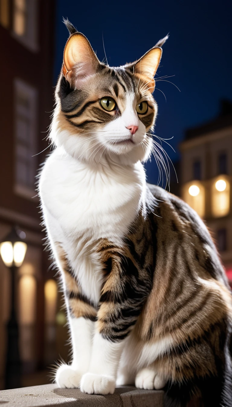 There is no one, realistic photo, photo realism, realism,  Lapham (LaPerm) cat, perfect composition, intricate details, Very sharp, masterpiece, profile, high resolution, looking at the viewer, full body photo in city night view
