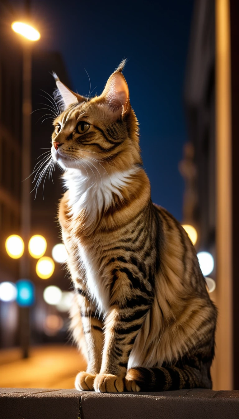 There is no one, realistic photo, photo realism, realism, Lapham (LaPerm) cat, perfect composition, intricate details, Very sharp, masterpiece, profile, high resolution, looking at the viewer, full body photo in city night view