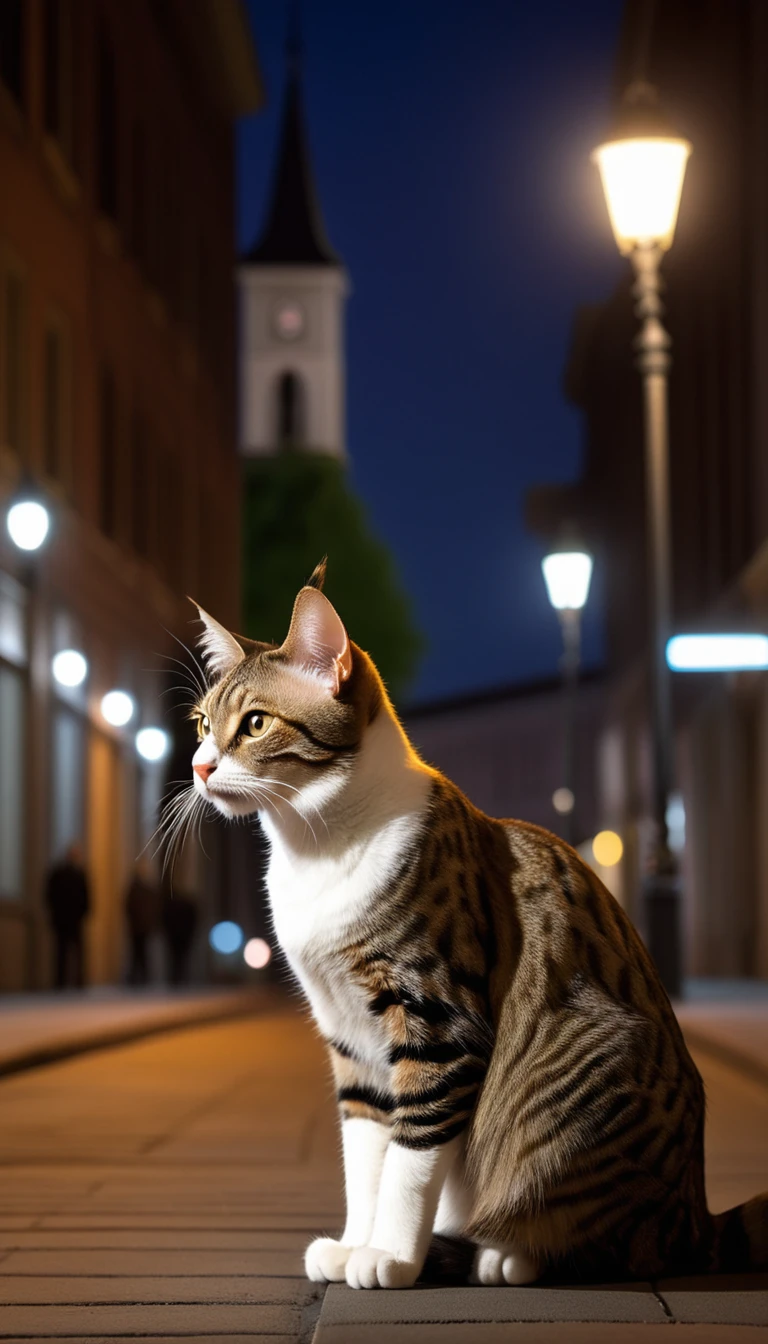 There is no one, realistic photo, photo realism, realism,  Lapham (LaPerm) cat, perfect composition, intricate details, Very sharp, masterpiece, profile, high resolution, looking at the viewer, full body photo in city night view