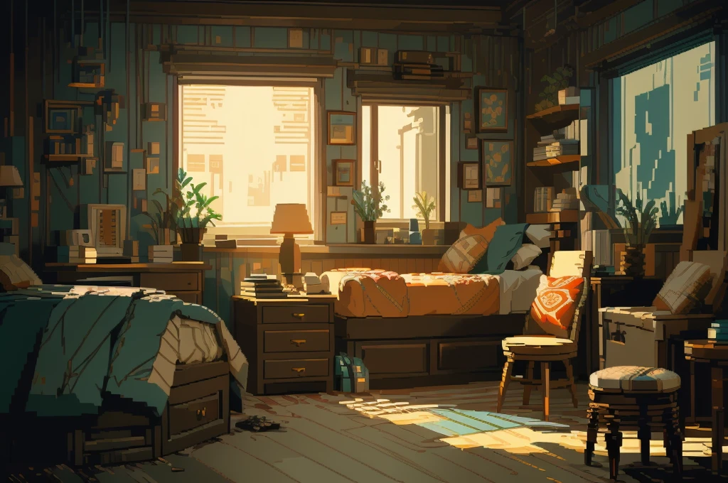 There is a room,There is a table and a chair inside, Relaxation concept art, Created by senior environment artists, Interior Background Art, Realistic concept art, Global Illumination. Visual effects, Global Illumination!! complex, Akihiko Yoshida. Unreal Engine, Realistic concept art, 高度Realistic concept art, Realistic afternoon lighting, Personal room background, Exquisite pixel art concept art