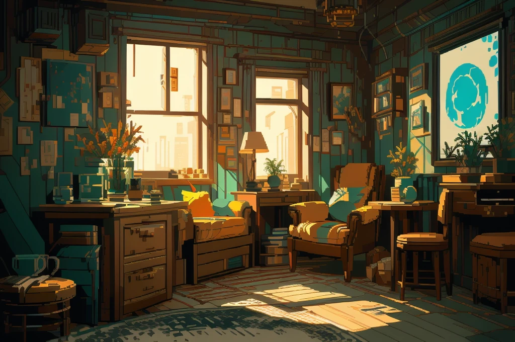 There is a room,There is a table and a chair inside, Relaxation concept art, Created by senior environment artists, Interior Background Art, Realistic concept art, Global Illumination. Visual effects, Global Illumination!! complex, Akihiko Yoshida. Unreal Engine, Realistic concept art, 高度Realistic concept art, Realistic afternoon lighting, Personal room background, Exquisite pixel art concept art