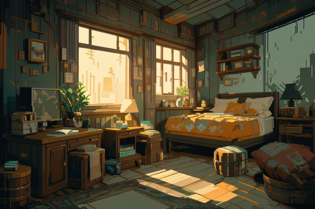 There is a room,There is a table and a chair inside, Relaxation concept art, Created by senior environment artists, Interior Background Art, Realistic concept art, Global Illumination. Visual effects, Global Illumination!! complex, Akihiko Yoshida. Unreal Engine, Realistic concept art, 高度Realistic concept art, Realistic afternoon lighting, Personal room background, Exquisite pixel art concept art