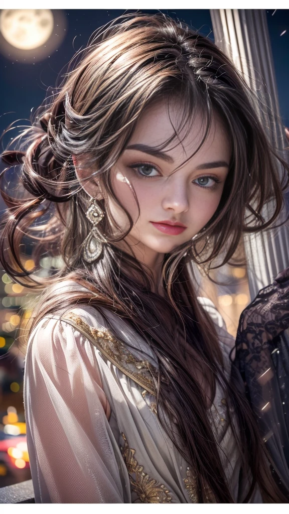 (32k:1.5, Highest quality, masterpiece, Ultra-high resolution), Perfect dynamic composition, Professional camera work:1.6, Very detailedな肌と顔の質感:1.3, Mysterious portrait:1.3, Very accurate, Very detailed, One Girl, ((Amazing night view from the rooftop, The moonlight at night illuminates my body)), (Satin Nightgown:0.5), Incredibly slim body, Fair skin, Very beautiful face, Expressions of sadness, (Big eyes that exude beautiful eroticism:0.8, Twilight look:1.0, I love you with all my heart:0.8, Please open your mouth a little, lipstick, Feel the beautiful eroticism:0.9), (Wet dark brown medium length hair), Candles, The chest is medium, Earrings, necklace, bracelet, Tilt, get up, ((Adult charm, Feminine charm, Hair blowing in the wind))