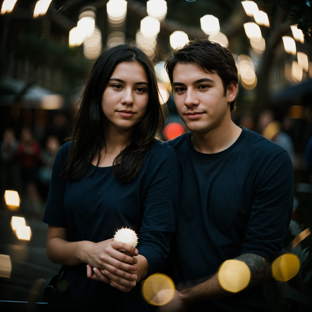 polaroid photo, night photo, photo of female and male hands holding bokeh, motion blur