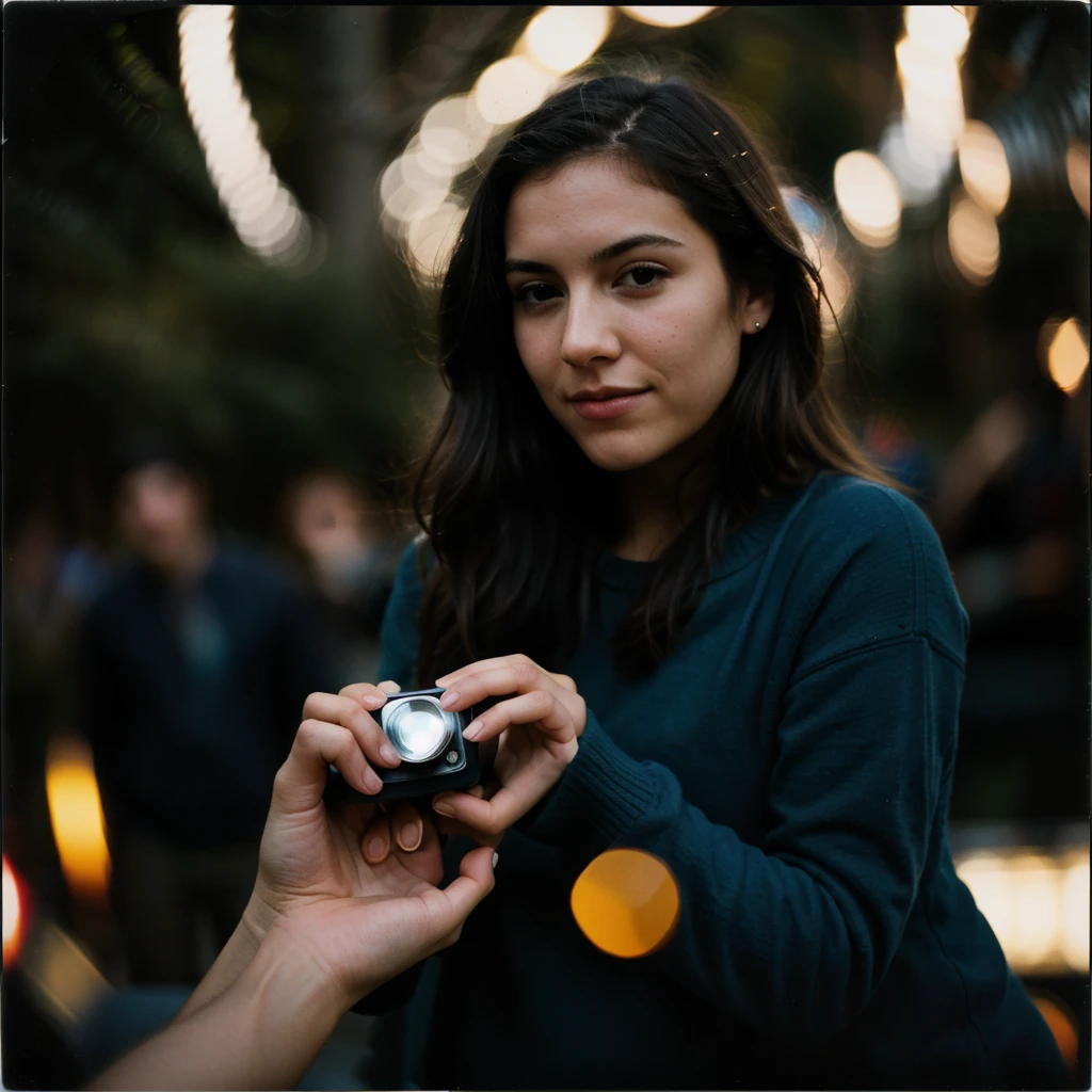 polaroid photo, night photo, photo of female and male hands holding bokeh, motion blur