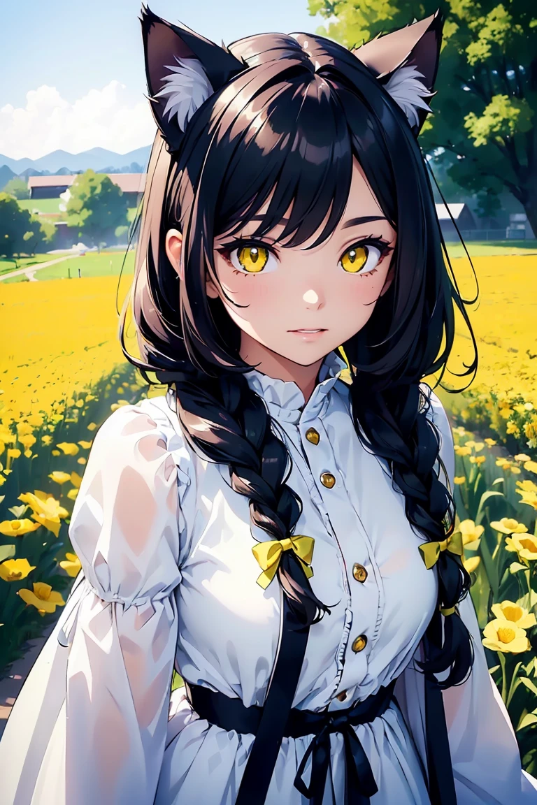 ((Cat ears girl)), Trending clothes,Soft and fluffy, Flower Field, Yellow Plains, Cowboy Shot,((Very detailed,Highest quality, High resolution, 8k wallpaper, Beautiful clothes,)),((Black Hair, Medium Hair, Loose Curly Hair, Braided hair)) , (bright yellow-green eyes), (teeth), Grinning face, eye shadow, eyeliner,Glowing Eyes, Very detailedな目, Sharp eyes, Beautiful Eyes, ((Glowing yellow eyes)),18-year-old girl.