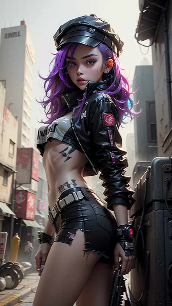 Beautiful woman medium hair, wearing cap, cyberpunk style short clothes