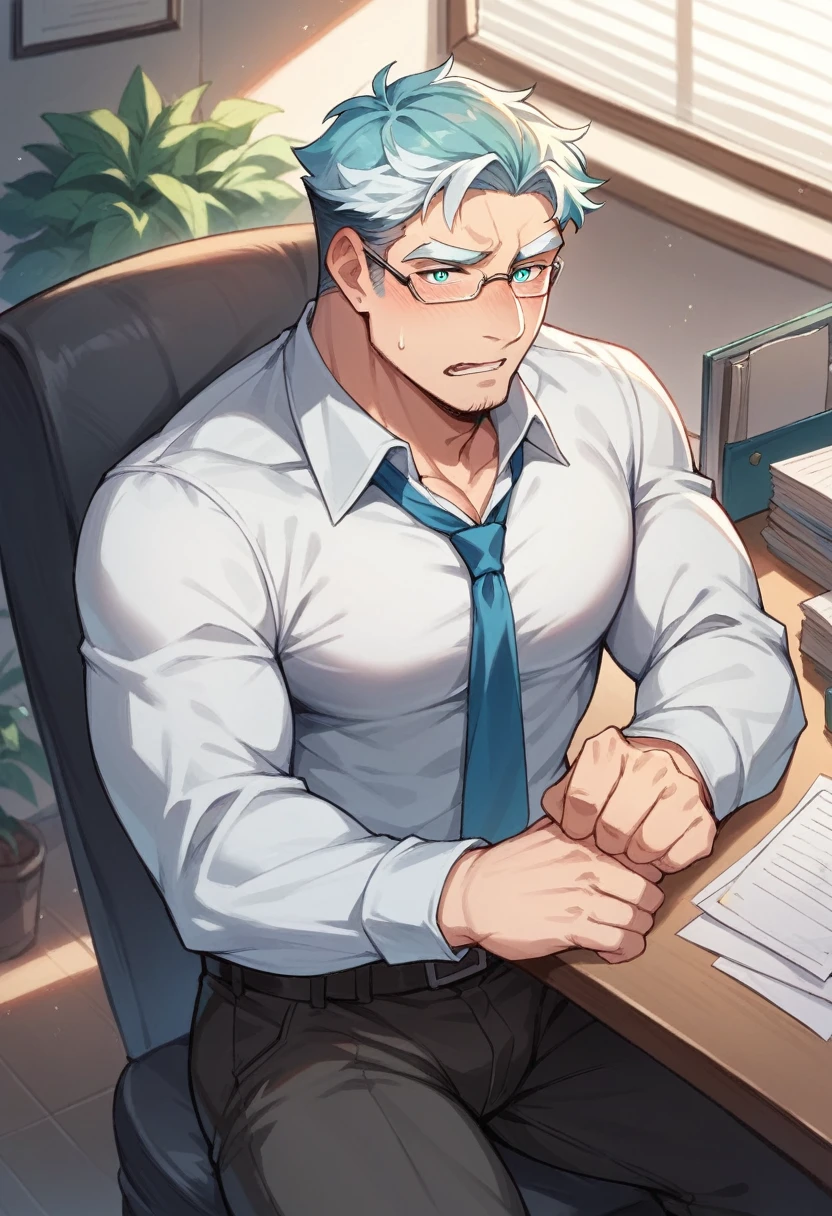 Husky,personification,Mature male,Strong Man,Enthusiastic expression,Cyan pupils,Light white eyebrows,Leaning on a chair,office。
