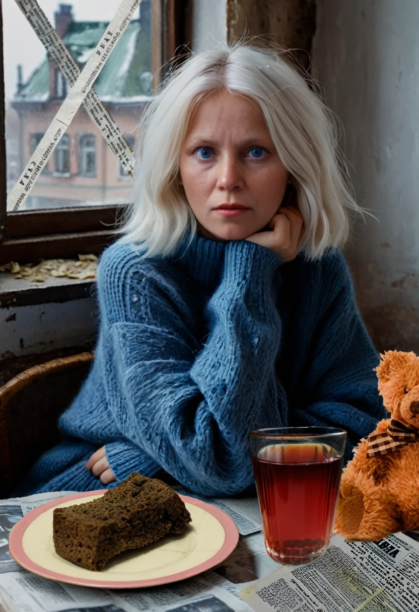 at the table sits a girl with white hair, in a large oversized jumper, in big blue eyes tears, on the table there is a glass with tea of cloudy colour, there is (((small crust of bread))), in the background ((window taped with newspaper tapes cross on cross)), war, the siege of Leningrad, hunger, siege bread, in the style of Dmitry Buchkin, Frolova Anastasia, Frolova-Bagreeva.