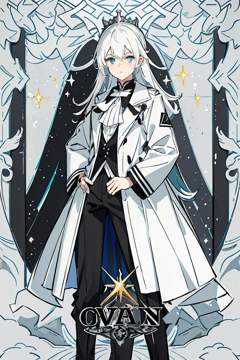 masterpiece, best quality, CG, wallpaper, HDR, high quality, high-definition, extremely detailed, 1girl, young, black and white hair, black overcoat, heterochromia, blue eyes, white shirt, black pants, starry, snow peaks, causal clothes, twilight, hands in pockets, the queen, handsome
