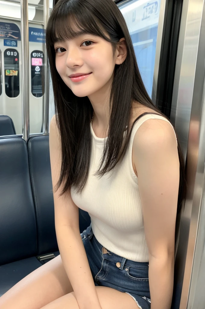 On the train, high school sophomore, sugar daddy, panties under the miniskirt are almost visible, ((full body)), ((photo)), ((best qualtiy, 8K, tmasterpiece:1.3)), Focus:1.2, perfect figure beautiful girl:1.4, 1girl, cowboy shot, look at viewer, eyes facing the camera, incredibly absurd, beautiful and cute girl with a photorealistic face, showcasing top-quality craftsmanship, Japanese girl sitting on a train seat late at night, 15 years old, long black hair, straight, see-through bangs, fair skin, large eyes with droopy eyes, jet black eyes, naturally thick eyebrows, long eyelashes, straight nose, thin lips, cute smile with upturned corners of the mouth, slightly sunken cheeks, small face, average build, delicate, slender, long fingers, long limbs, long nails, beautiful D-cup breasts, pale pink sleeveless top, white miniskirt, delicate strap sandals, silver necklace, scarf around neck, small shoulder bag, beautiful girl, ladylike, neat, gentle, laid-back, shy, well-bred, August