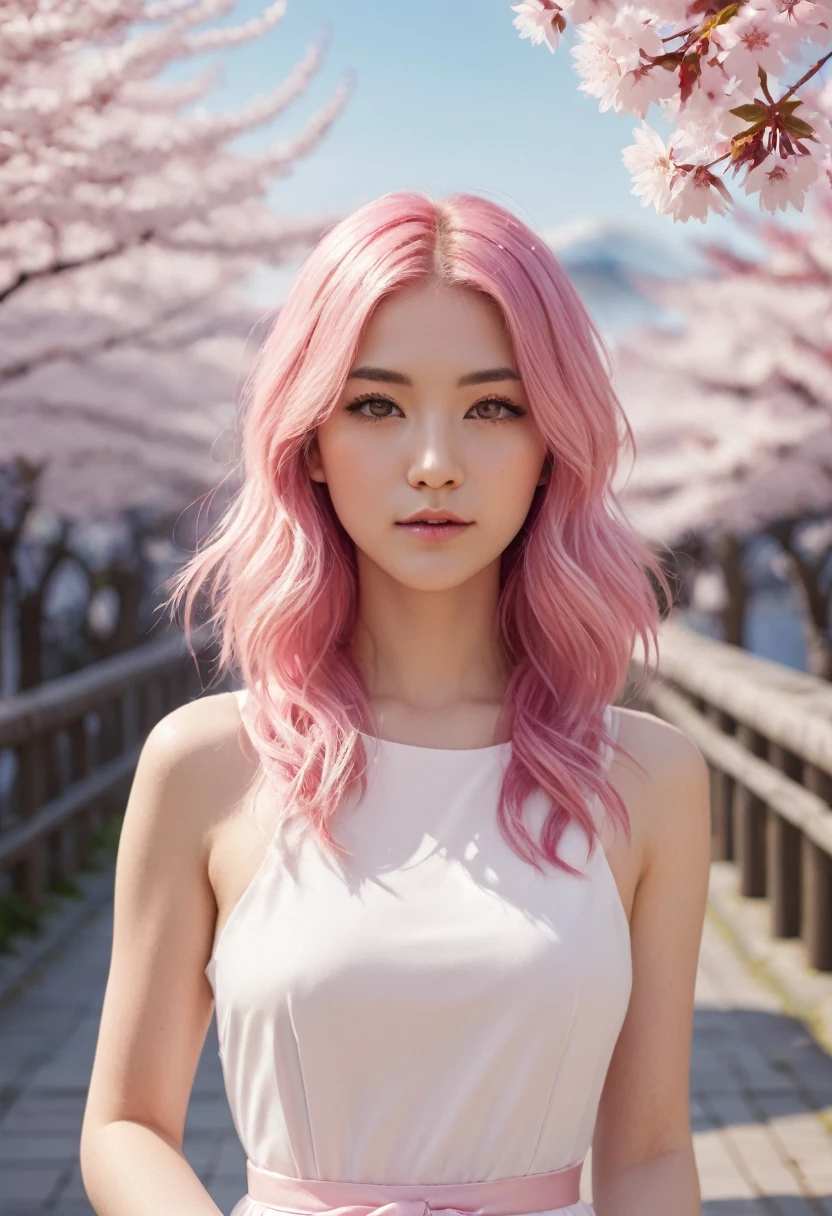 Light pink hair, pink eyes, pink and white, sakura leafs, vivid colors, white dress, paint splash, simple background, ray tracing, wavy hair