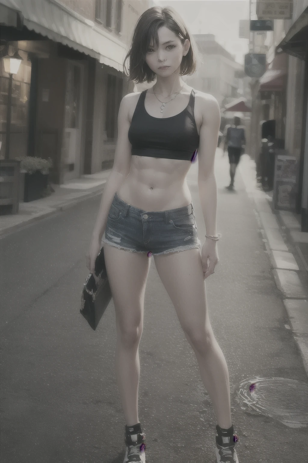 ((Mid Chest, Tomboy Girl, small head)), day lights, sun light, (chiseled abs : 1.1), (perfect body : 1.1), (Short wavy hair : 1.2) , auburn hair, collared, chain, Full body shot, crowded street, wear a black tank top, Jeansjacke, ((short pants)), (extremely detailed CG 8k wallpaper), (an extremely delicate and beautiful), (​masterpiece), (best quality:1.0), (ultra highres:1.0),  beautiful lighting ,perfect lightning, realistic shadows, [highres], detailed skin, Ultra-detail 