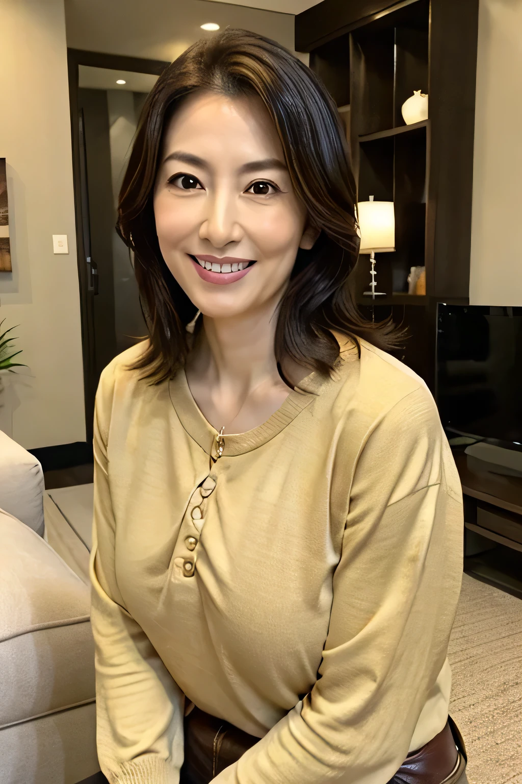 8K, high quality, Realistic Photographic Images, 40 years old, Japanese women, Pure girl, Large Breasts, Narrow waist, ((Sexy and cute wife)), Natural and realistic eyes, Beautiful black hair, light makeup,, Golden ratio composition, Disheveled casual clothes, beige, Western-style living room,, Characteristics of a Pure Japanese Person, , smile