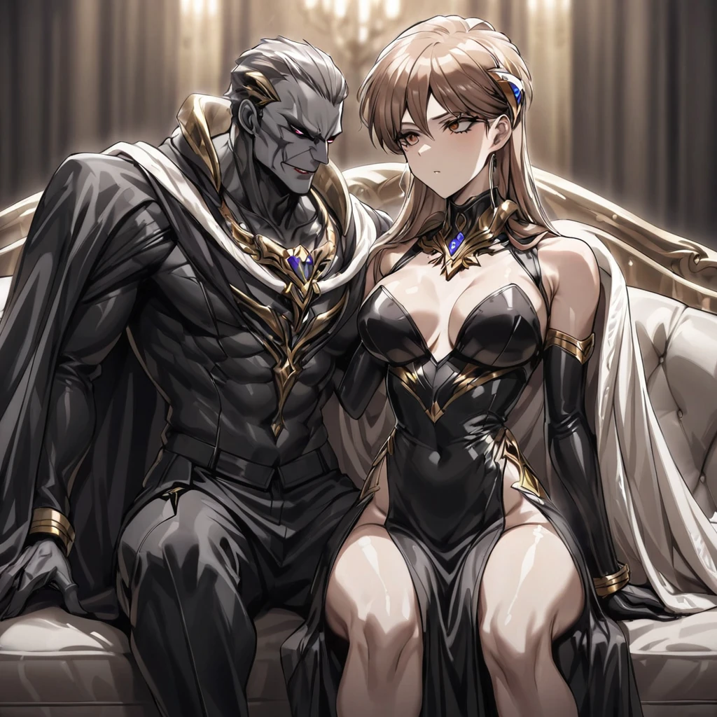 ((Highest quality)), ((masterpiece)), (detailed), （Perfect Face）、The woman is Princess Leona, with medium-long light brown hair, wearing a shiny, flashy, sexy, revealing black dress bodysuit, an open-front skirt, a cape, a headgear, lipstick and makeup, and is an evil female executive who is standing next to a man who is the dignified boss of an evil organization.、Women are brainwashed, expressionless, and have no highlights in their eyes.、The woman is being held close by the powerful boss of an evil organization.、A strong male boss of an evil organization is sitting on a luxurious sofa, embracing and kissing a woman and showing her affection.