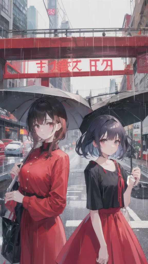 9.16 picture size, almost the place is full of building then it's raining
There is the beautiful girl leaning in her car wearing a red dress at the left while on the right is a handsome man holding an umbrella