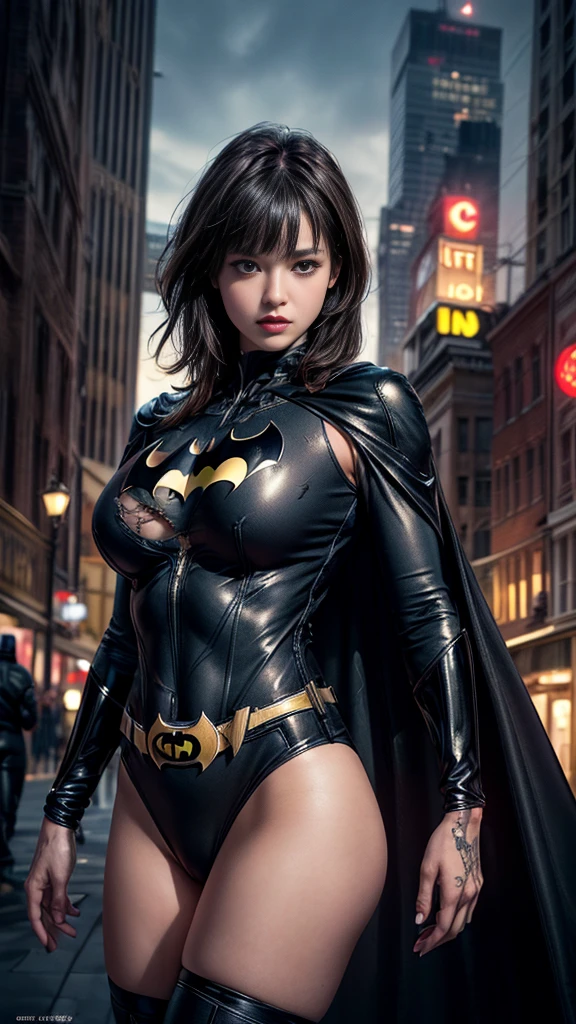 nsfw:1.1、((Cowboy Shot))、Mature Woman、(masterpiece, Highest quality), Intricate details, 8K, 1 Girl, Long Hair, Bowl Cut Hair,((blunt bangs))、 Black Hair,((Batman suit with intricate and detailed design)),Skyscraper, city, building,street,((Delicate painting)),(Detailed RAW photos of girls), (Pieces fly:1.25), (Highest quality:1.6), (Ultra-high resolution:1.5), (Photorealistic:1.75), 8K resolution, Canon EOS R5, 50mm, Confused, Very detailed,Cinema Lighting、(((Super big breasts)))、Leg spread、The abdomen is visible、((Separate suits))、Batman knee-high socks with intricate and detailed designs、Sexy pose、Batman bikini with delicate and detailed embellishment、(((Ripped and tattered suit:1.1)))