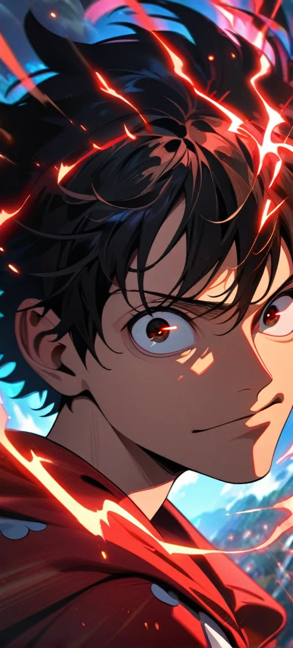  High quality, ,absurdres, highres, ultra detailed, HDR, masterpiece, extremely detailed face and eyes,  Luffy , One Piece,, Black hair ,red shirt, solo, ,man, handsome, red splashing effect,red lightning  effect,glowing glitters , full effect, symetrical , 