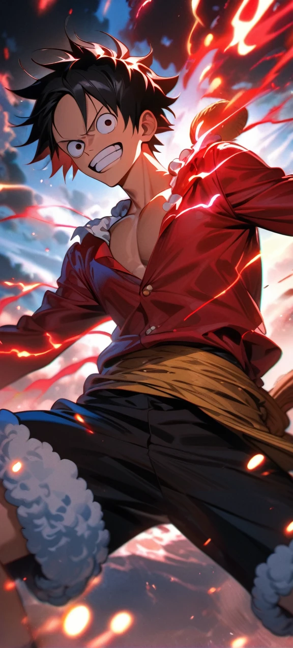  High quality, ,absurdres, highres, ultra detailed, HDR, masterpiece, extremely detailed face and eyes,  Luffy , One Piece,, Black hair ,red shirt, solo, ,man, handsome, red splashing effect,red lightning  effect,glowing glitters , full effect, symetrical , 