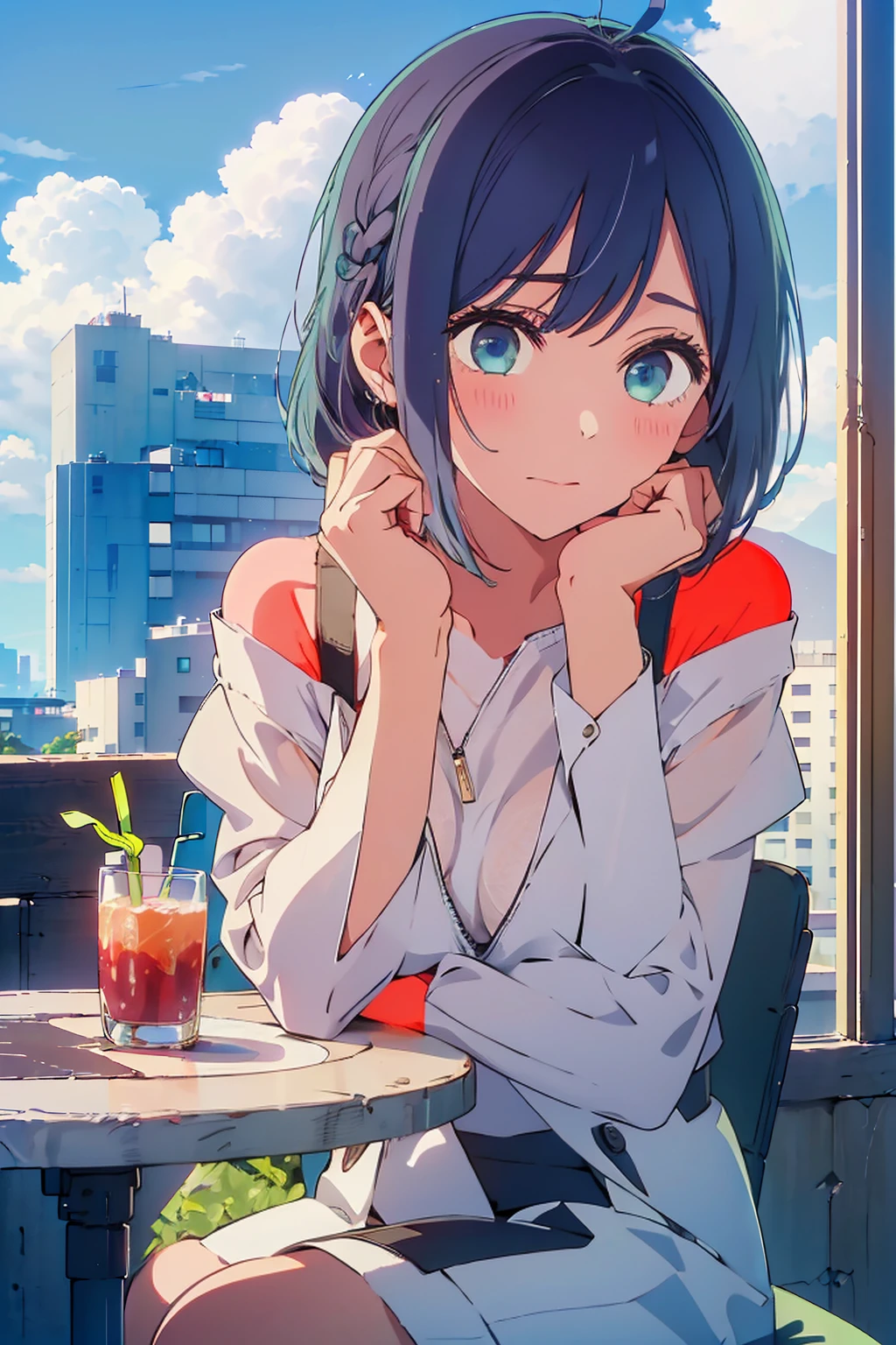 (Highest quality:1.4、8K:1.4、detailed)、F cup bust、Big Breasts、Slim body、Very white beautiful skin、((((1 person、Surprised expression、sit、Chair、In the background are the urban buildings of Tokyo、looking at the camera、Outdoor café terrace、Navy hair color、juice、table、Very cute face))))、((((nude、Areola))))、(Pose with hair tucked behind ears with both hands:1.4、Cheek resting on hand:1.4)、Nipples、Off-the-shoulder black blouson with zipper、Very blue sky、A completely cloudless sky