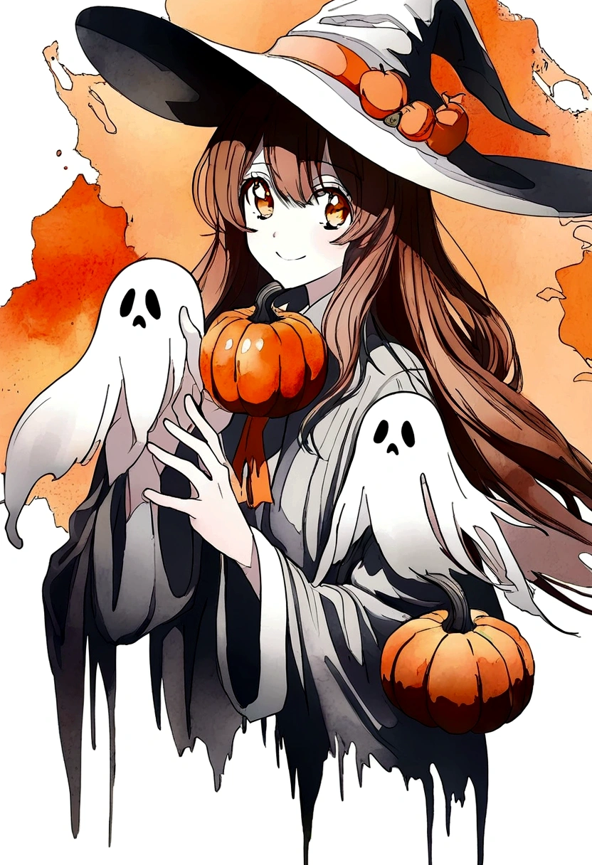 Three smiling ghosts,Wear a white hat,Holding orange pumpkin。Autumn Texture,White background,Dotted with orange and brown。Warm tones of orange and brown,It gives a softness、Simple feeling。Hand drawn watercolor illustration。The picture quality is clear,color
