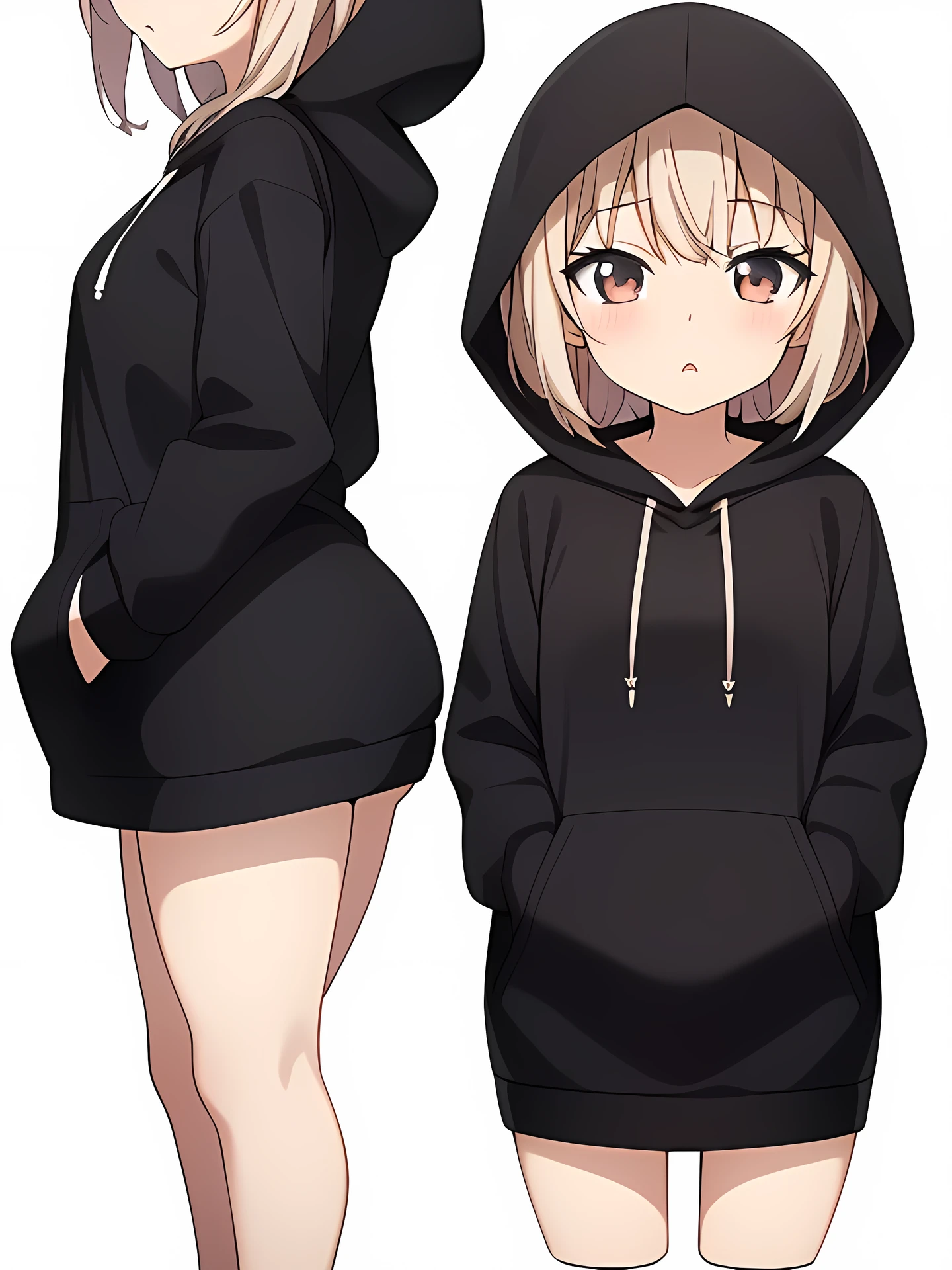 best quality, 4k, 8k, 1 girl, solo, ツインテール, chibi, (simple background, white background:1.4), full body, standing, (hoodie, oversized clothes, テディベアデザイン:1.4)