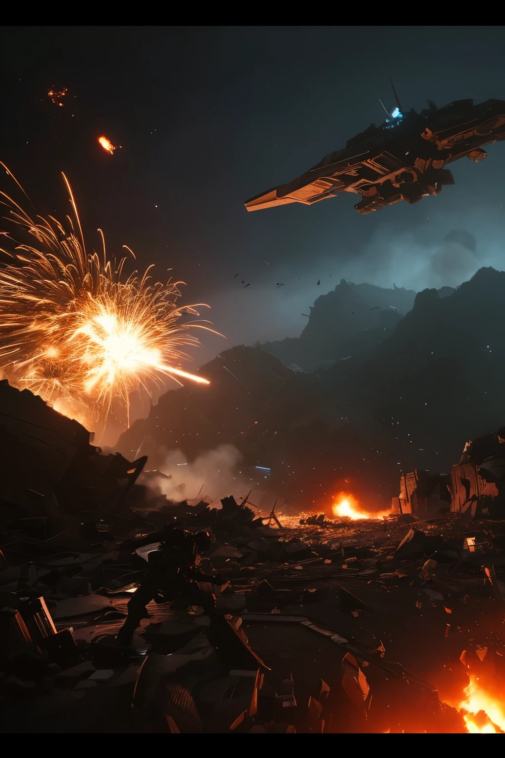 (Masterpiece. cinematic battle space scene with humans in gunfire, explosions, epacial ships, destruction and volumetric lighting. Very detailed.)