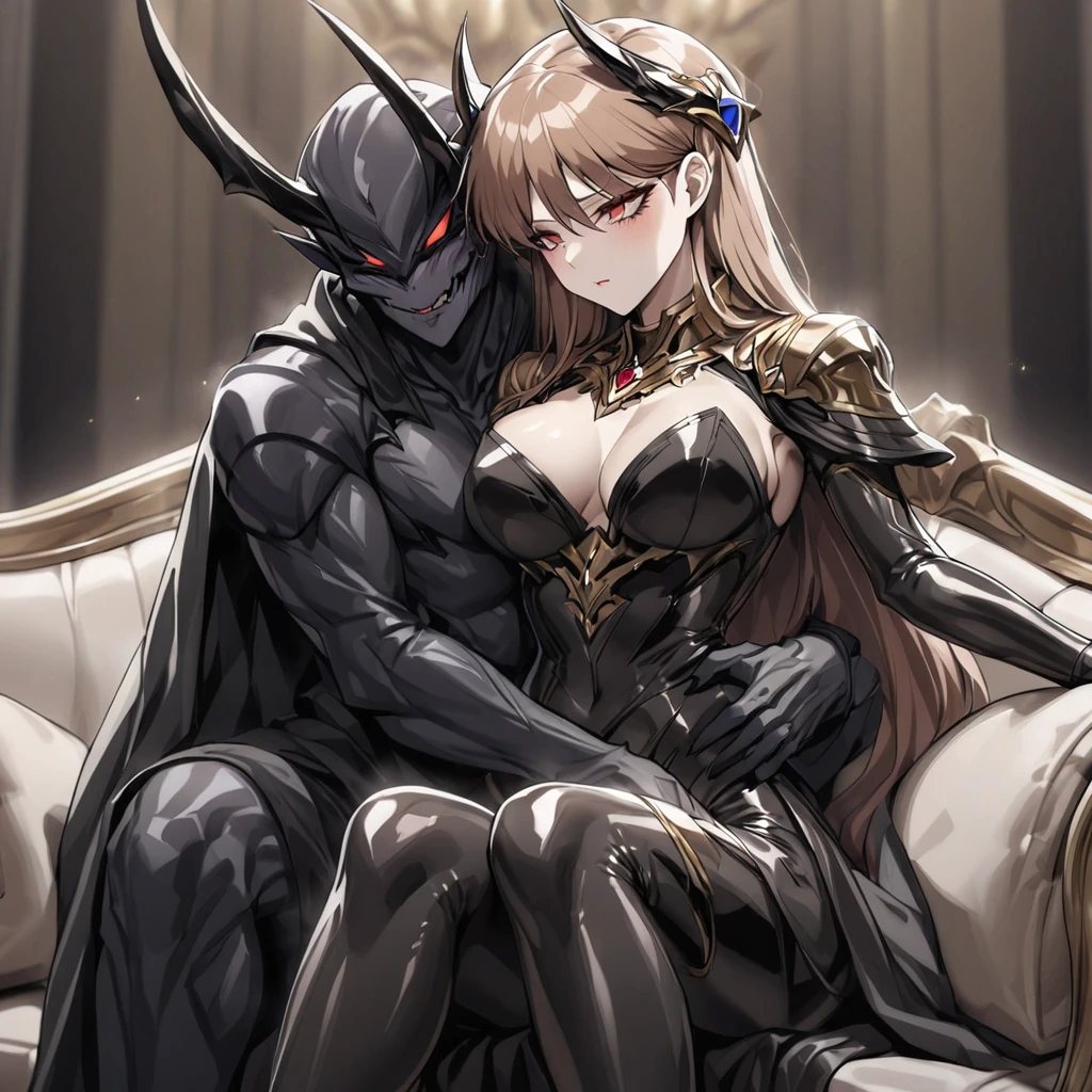 ((Highest quality)), ((masterpiece)), (detailed), （Perfect Face）、The woman is Princess Leona, with medium-long light brown hair, wearing a shiny, flashy, sexy, revealing black dress bodysuit, an open-front skirt, a cape, a headgear, lipstick and makeup, and is an evil female executive who is standing next to a man who is the dignified demon lord of an evil organization.、Women are brainwashed, expressionless, and have no highlights in their eyes.、The woman is being held close by a powerful man who is the demon king of an evil organization.、A powerful demon king of an evil organization is sitting on a luxurious sofa, embracing and kissing a woman and showing her affection.