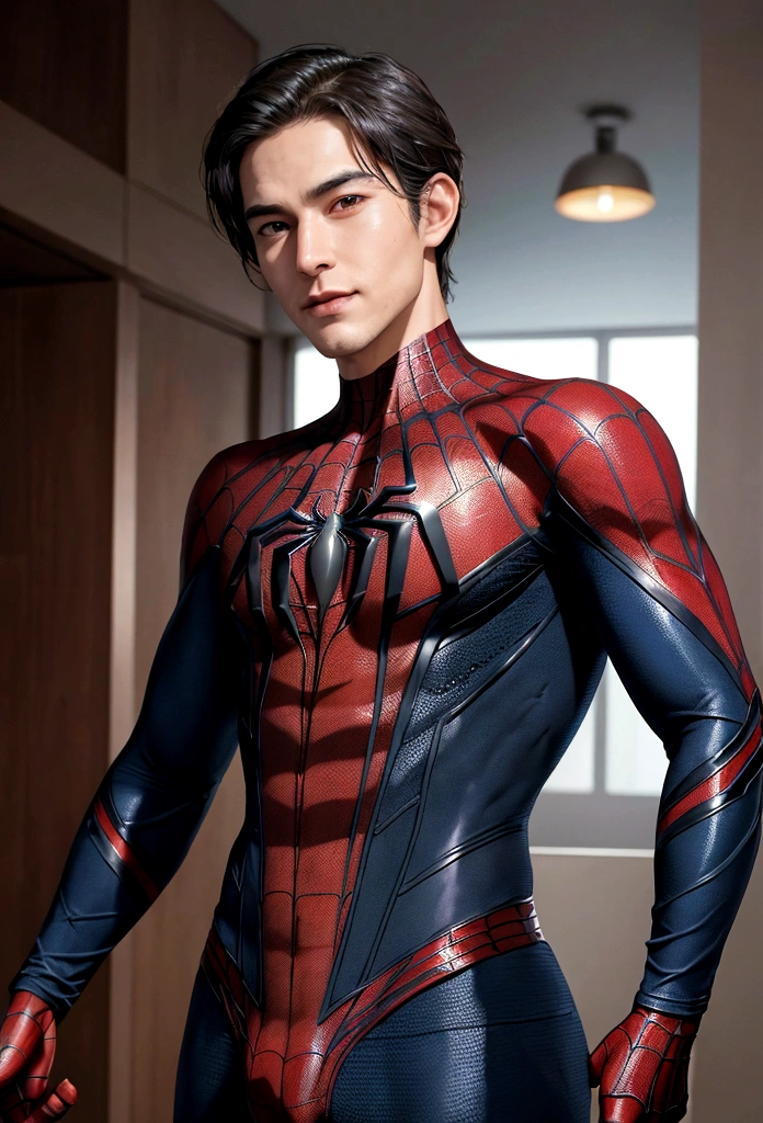 Attractive 30 year old man, Spiderman Suit, A Thousand Morals, Dick Out, whole body , Executive Sexy Man, So, Terno, Front Camera Focus, Portrait Mode, Straight in front of the camera