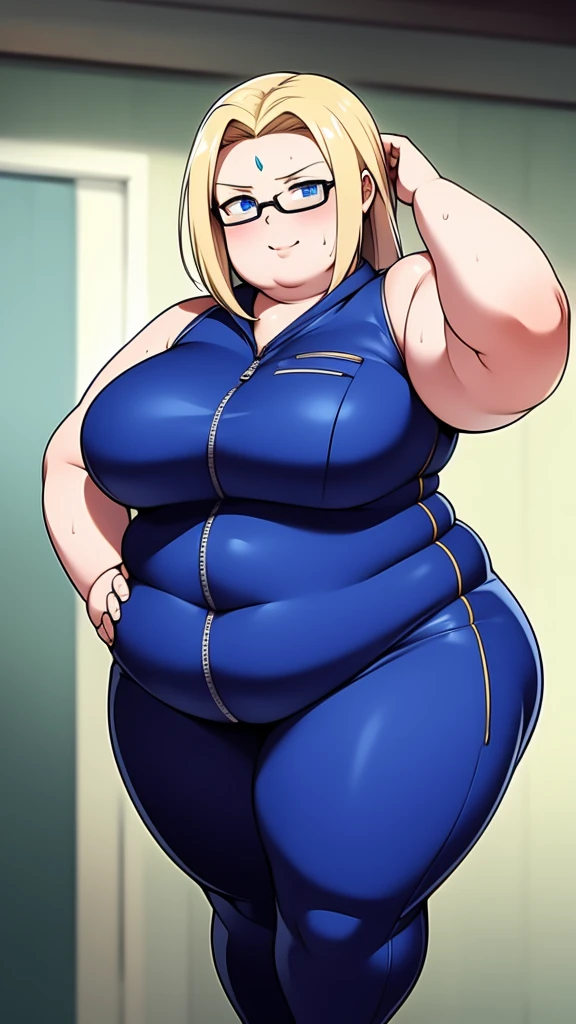 Anime Women, Lady、Detailed face、Forehead、Blonde、Center parted hair、Waist-length hair、Glasses、Winning spirit、Blue eyes、Are fat、Chubby、Voluptuous、obesity、Double chin、cheek、Fatty neck、Big Breasts、Saggy breasts、Thick upper arms、thick fingers、Fat belly、Flabby belly、Thick legs、Fat all over the body、Large、Jumpsuit、Bodysuits、protector、Sweaty、shame