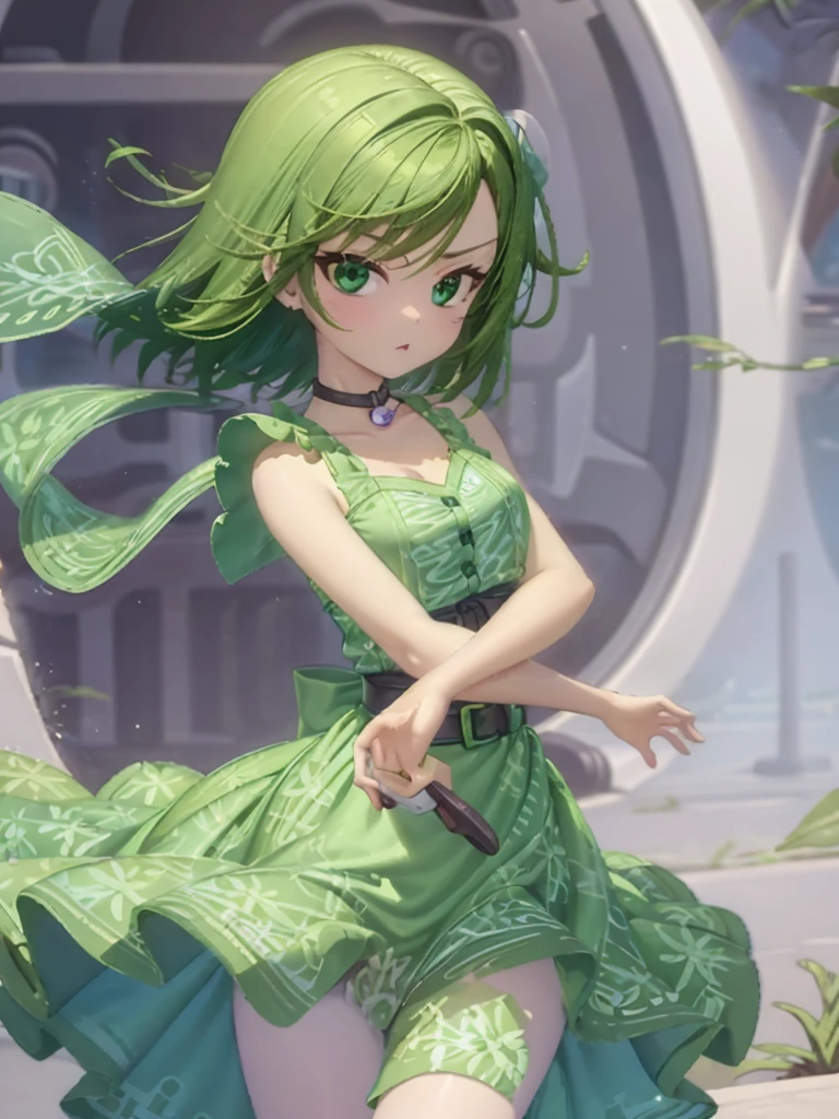 1girl, solo, green skin, green eyes, big eyes, long eyelashes, green hair, short hair, shiny hair, medium breasts, green dress, apron dress, floral print dress, green belt, purple scarf, green leggins, looking at viewer, bare arms, disgust face, narrow waist, big butt,