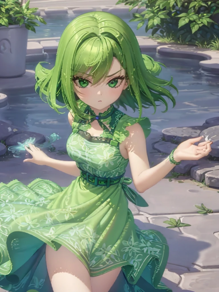 1girl, solo, green skin, green eyes, big eyes, long eyelashes, green hair, short hair, shiny hair, medium breasts, green dress, apron dress, floral print dress, green belt, purple scarf, green leggins, looking at viewer, bare arms, disgust face, narrow waist, big butt,