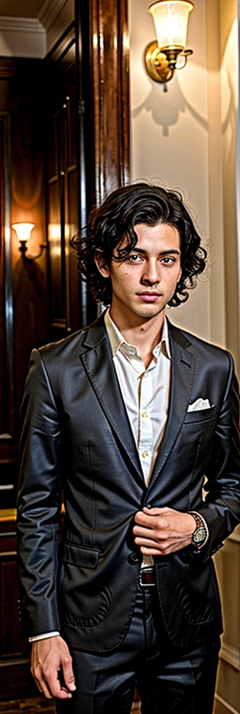 1 handsome boy, longye hair, curly hair, black hair color, smooth skin, eyes browns, Occasional, Businessboy style clothes, light brown blazer, realisitic, with background in a fancy restaurant, 8k super realisitic, super detalhado e realisitic