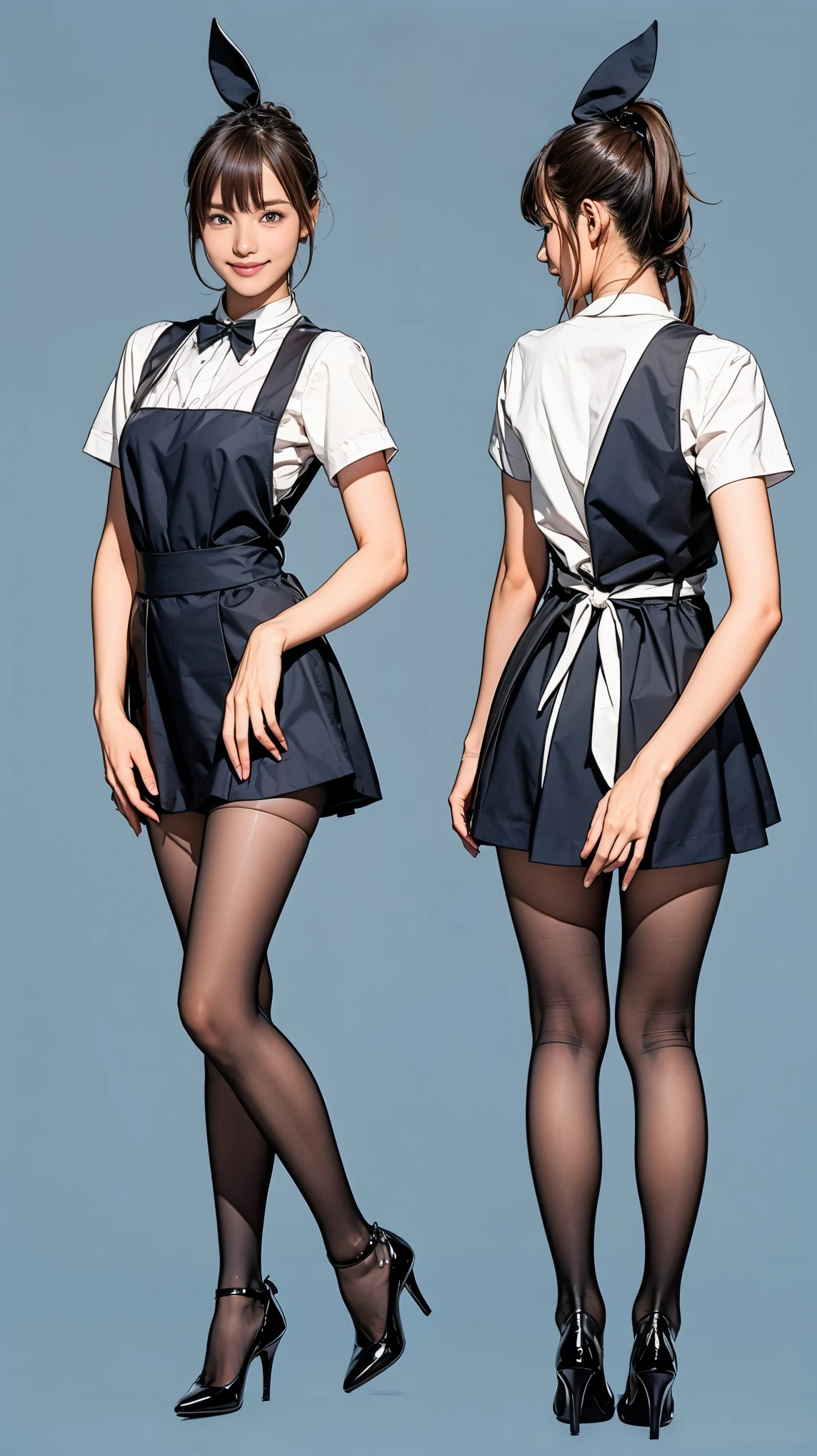 ((masterpiece)),(((Highest quality))),((Character design sheet)),Thin thighs,Long legs,Bunny girl in a light blue maid outfit:1.5,Wearing light blue tights:1.5,The best smile:1.5,Full Body Shot:1.5,Gray background:1.5,Wearing black high heels:1.5,short side wave:1.5,