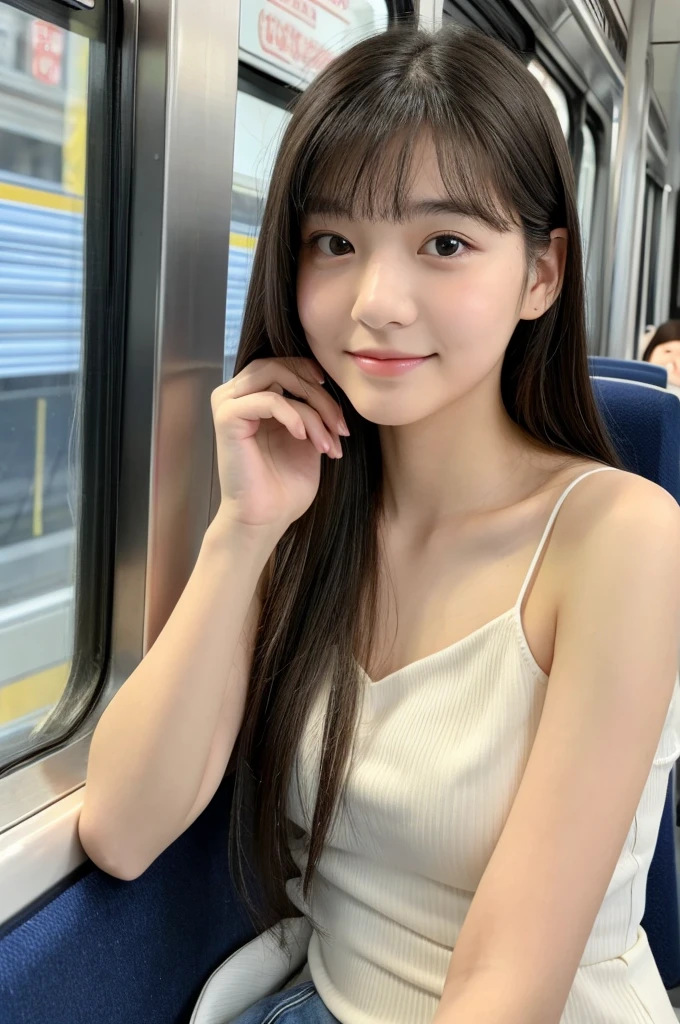 On the train, high school sophomore, sugar daddy, panties visible under miniskirt, ((full body)), ((photo)), ((best qualtiy, 8K, tmasterpiece:1.3)), Focus:1.2, perfect figure beautiful girl:1.4, 1girl, cowboy shot, look at viewer, eyes facing the camera, incredibly absurd, beautiful and cute girl with a photorealistic face, showcasing top-quality craftsmanship, Japanese girl sitting on a train seat late at night, years old, long black hair, straight, see-through bangs, fair skin, large eyes with droopy eyes, jet black eyes, naturally thick eyebrows, long eyelashes, straight nose, thin lips, cute smile with upturned corners of the mouth, slightly sunken cheeks, small face, average build, delicate, slender, long fingers, long limbs, long nails, beautiful D-cup breasts, pale pink sleeveless top, white miniskirt, delicate strap sandals, silver necklace, scarf around neck, small shoulder bag, beautiful girl, ladylike, neat, gentle, laid-back, shy, well-bred, August