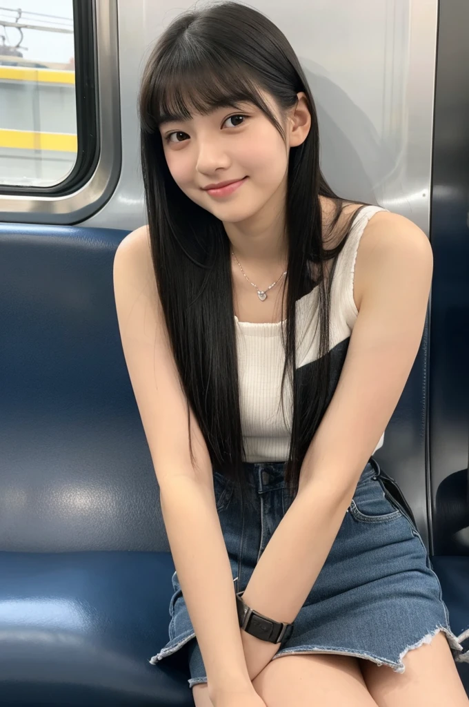 On the train, high school sophomore, sugar daddy, panties visible under miniskirt, ((full body)), ((photo)), ((best qualtiy, 8K, tmasterpiece:1.3)), Focus:1.2, perfect figure beautiful girl:1.4, 1girl, cowboy shot, look at viewer, eyes facing the camera, incredibly absurd, beautiful and cute girl with a photorealistic face, showcasing top-quality craftsmanship, Japanese girl sitting on a train seat late at night, 15 years old, long black hair, straight, see-through bangs, fair skin, large eyes with droopy eyes, jet black eyes, naturally thick eyebrows, long eyelashes, straight nose, thin lips, cute smile with upturned corners of the mouth, slightly sunken cheeks, small face, average build, delicate, slender, long fingers, long limbs, long nails, beautiful D-cup breasts, pale pink sleeveless top, white miniskirt, delicate strap sandals, silver necklace, scarf around neck, small shoulder bag, beautiful girl, ladylike, neat, gentle, laid-back, shy, well-bred, August