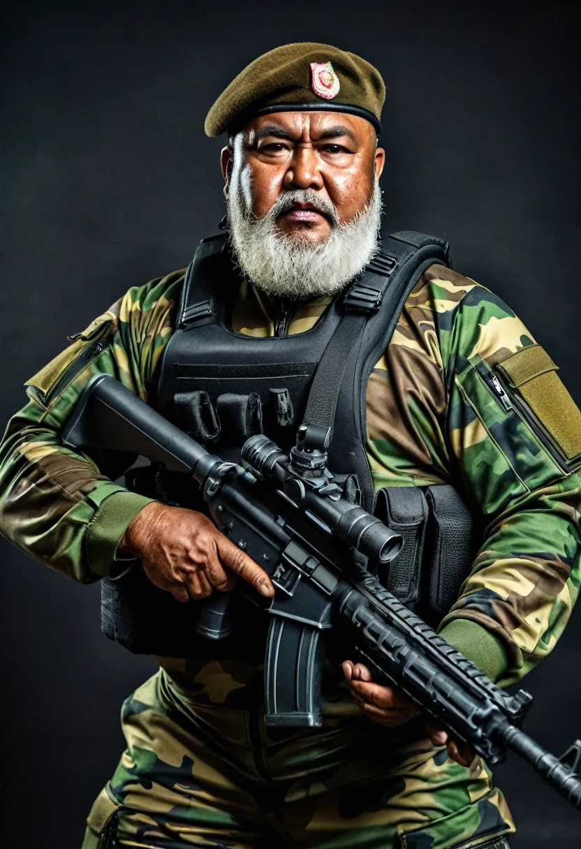 (a dark-skinned bearded fat old man in a bulky camouflage zipper diver suit) wearing army beret, shooting with a gun, muscular, Basuki Abdullah, sumatraism, action, a character portrait, heroic, fierce, angry