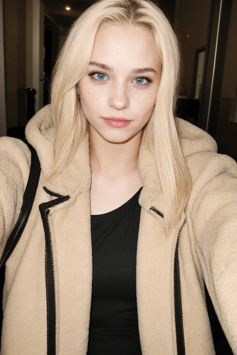 a sexy (young:1.3) girl, selfie, coat, fashion, fashion blonde hair, selfie