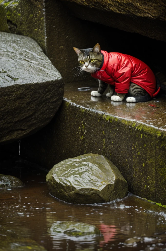 A sad-looking cat wearing a red puffer jacket and a green cap sits under a rock ledge in the rain, surrounded by wet stones and puddles